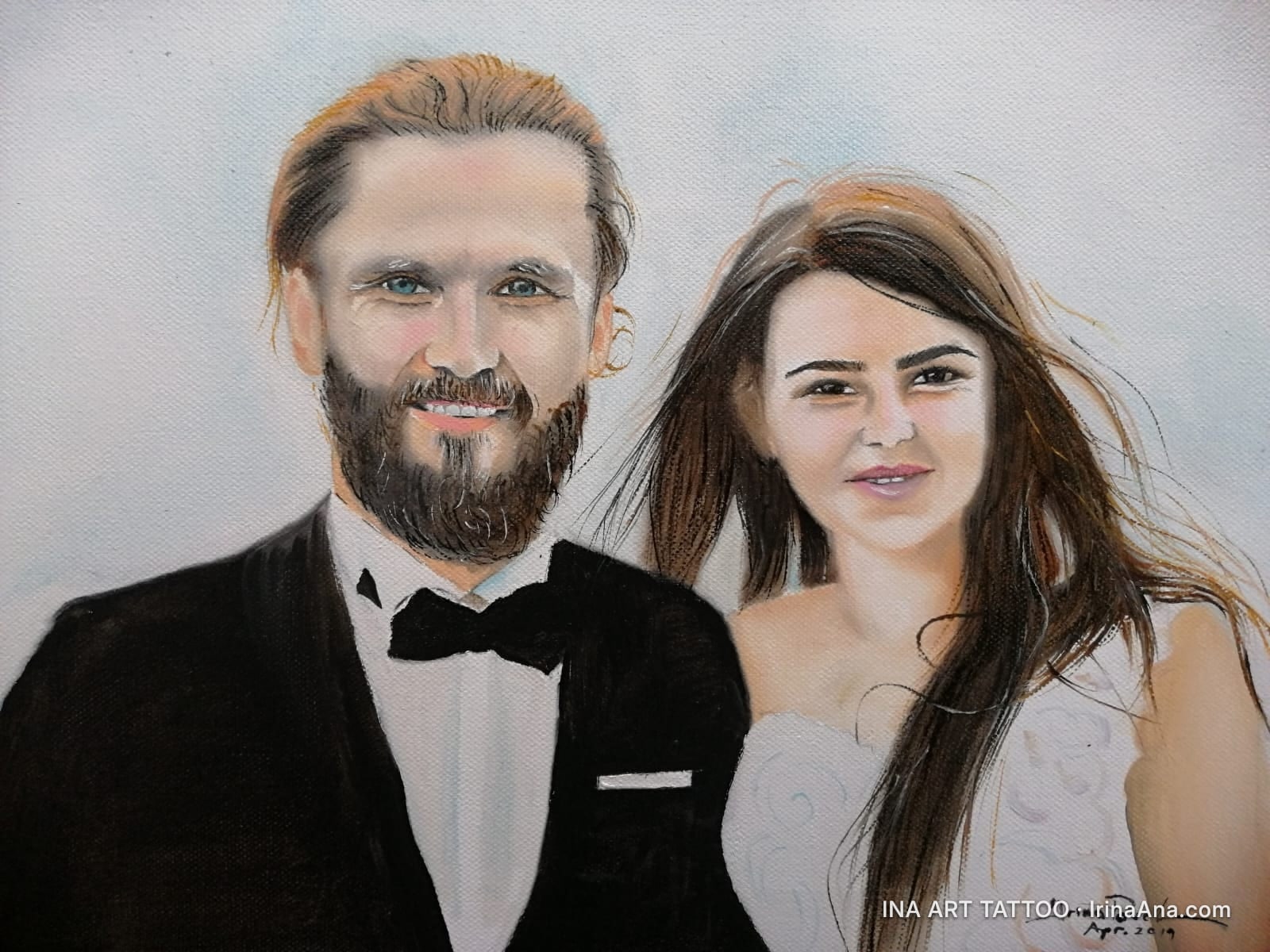 Painted portrait of a young couple, a bearded man in a suit and a long-haired woman in a wedding dress.
