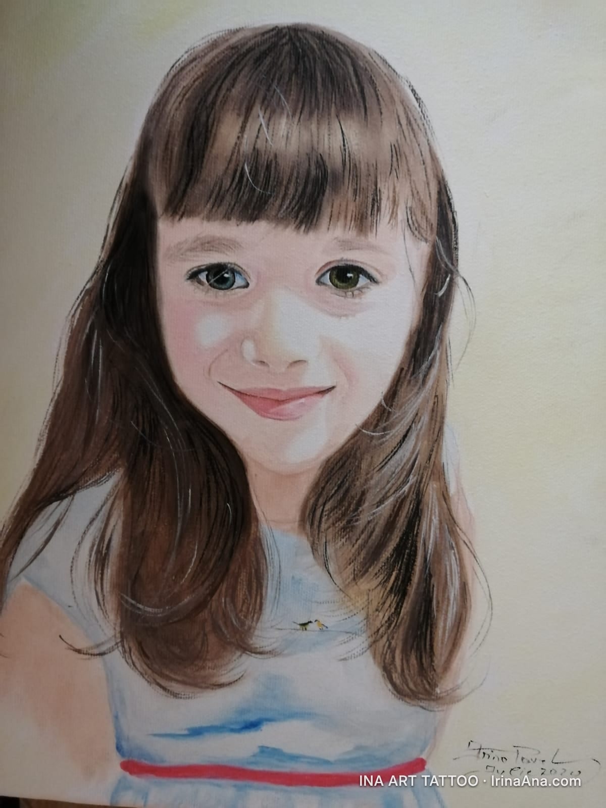Painted portrait of a young girl with long brown hair, bangs, and green eyes, smiling slightly, against a light background.