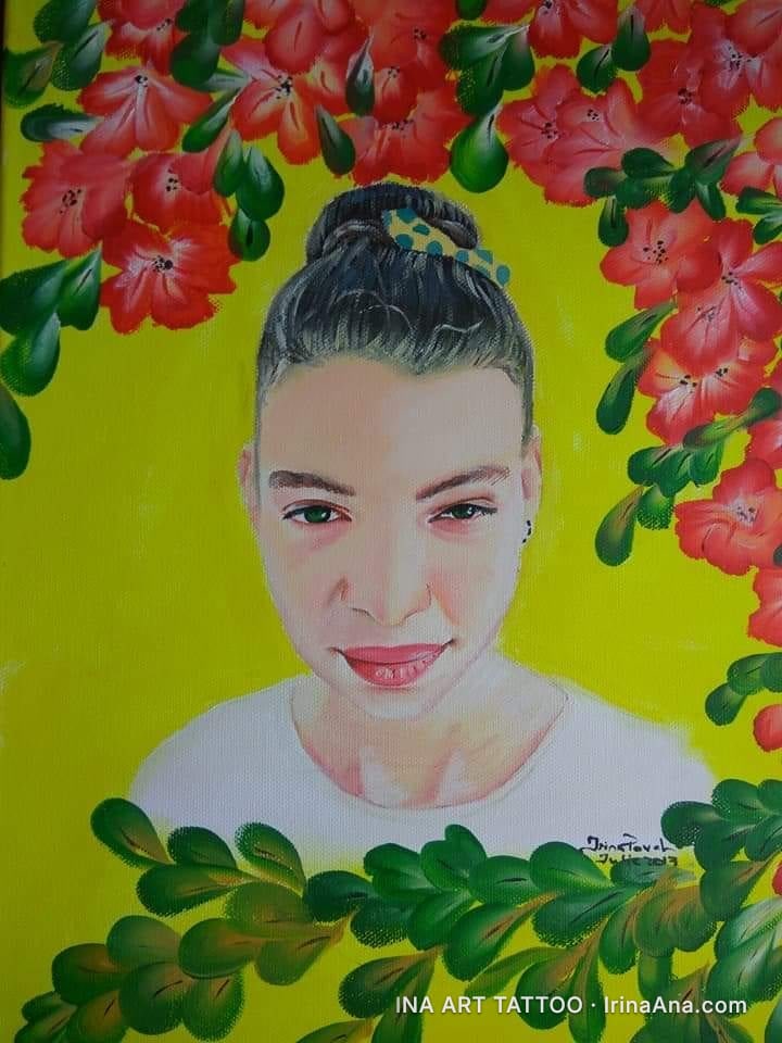 Portrait of a young woman with hair in a bun, surrounded by red flowers and green leaves on a yellow background.