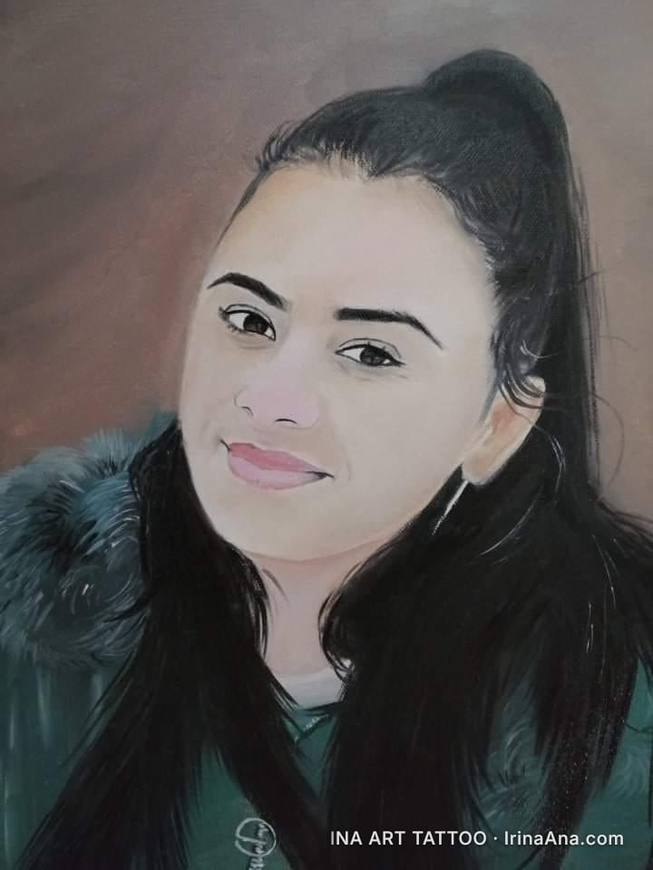 Painted portrait of a young woman with dark hair in a ponytail, wearing a green jacket with a fur collar.