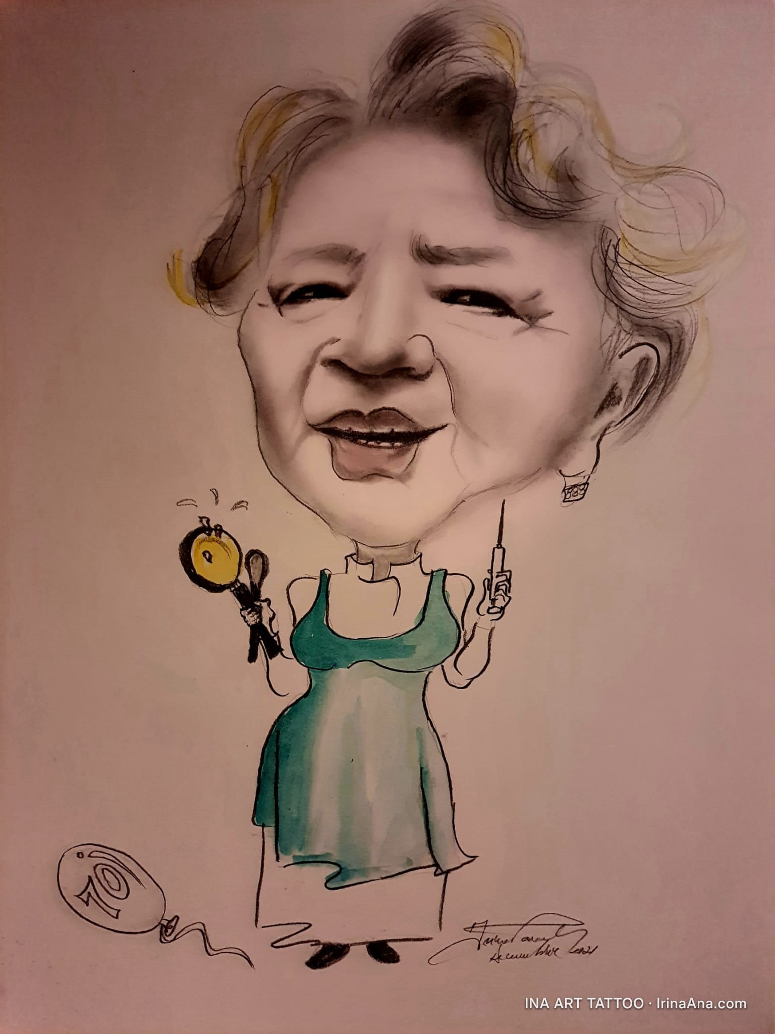 Caricature of a curly-haired woman smiling, holding a syringe and a reflex hammer in her hands.
