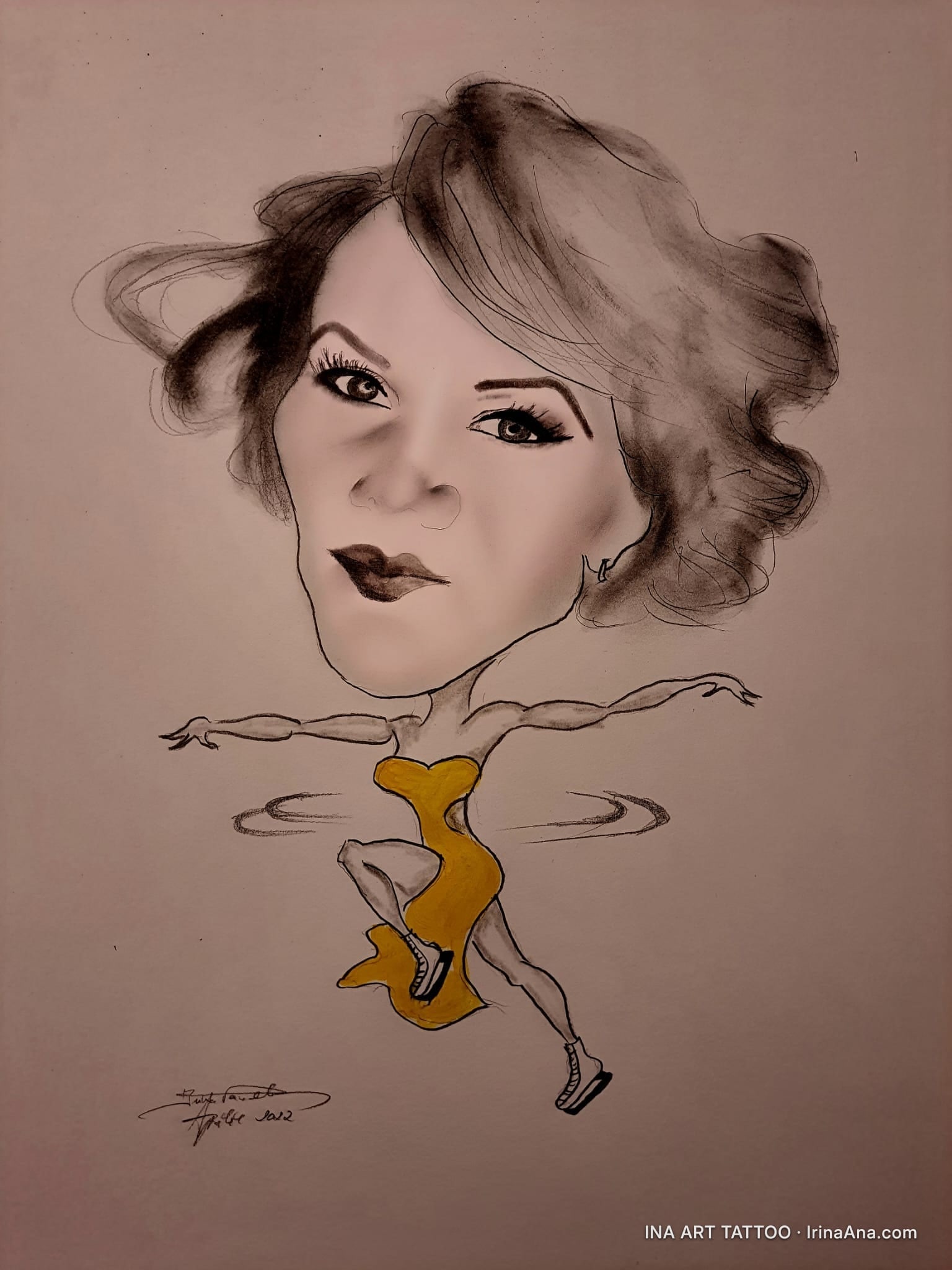 Pencil caricature of a woman with curly hair, wearing a yellow dress, in a dancing pose.