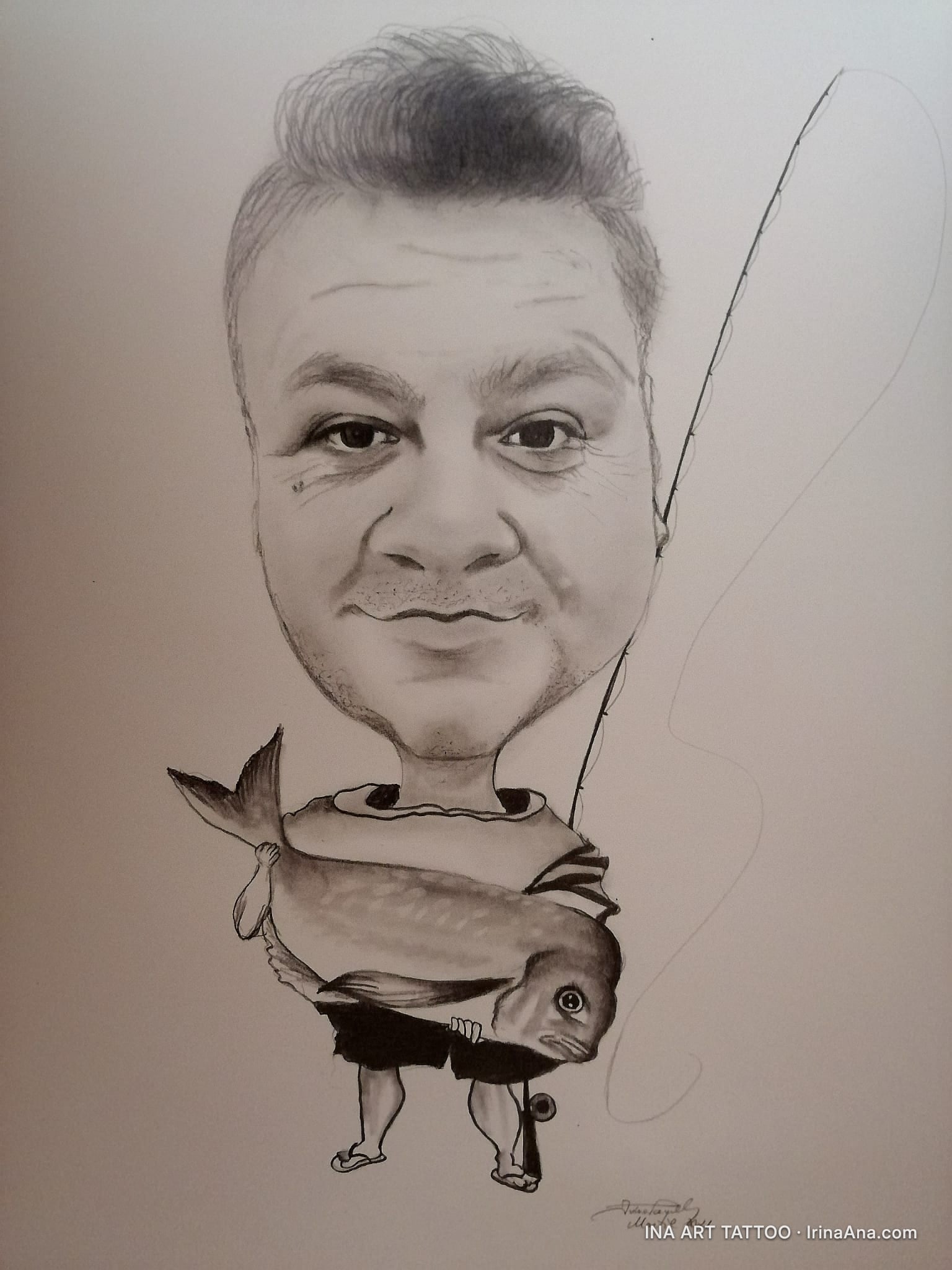 Pencil caricature of a man with an oversized head, holding a large fish and a fishing rod.