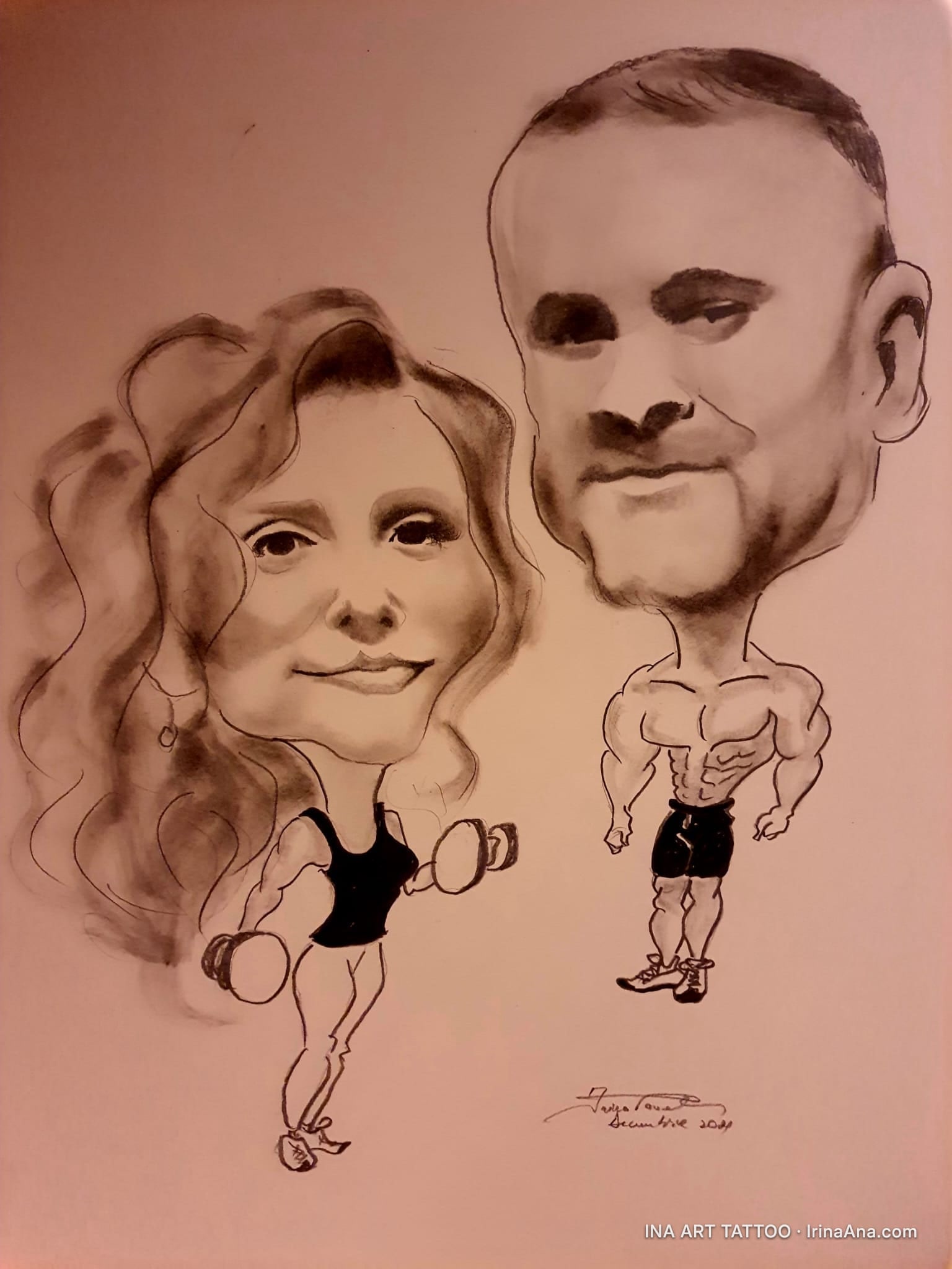 Pencil caricature of a couple. The woman has curly hair, a black top, and lifts dumbbells. The man is muscular, wearing shor…