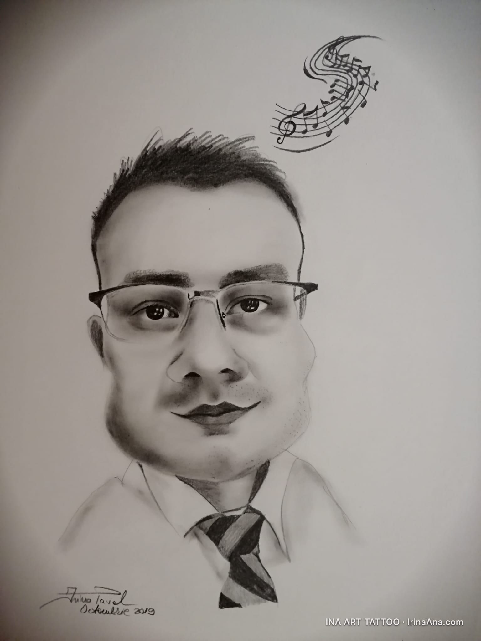 Pencil caricature of a man with glasses and a tie, with music notes above his head.