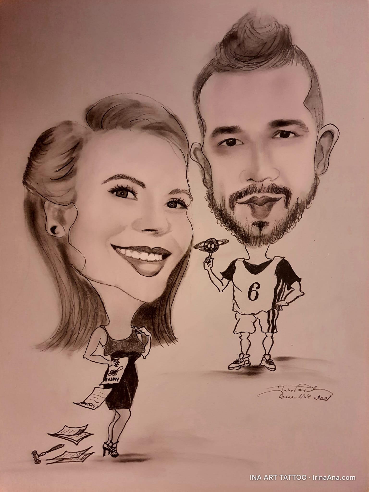 Pencil caricature of a couple. The woman is a lawyer, the man is a basketball player holding a Baby Yoda figurine.