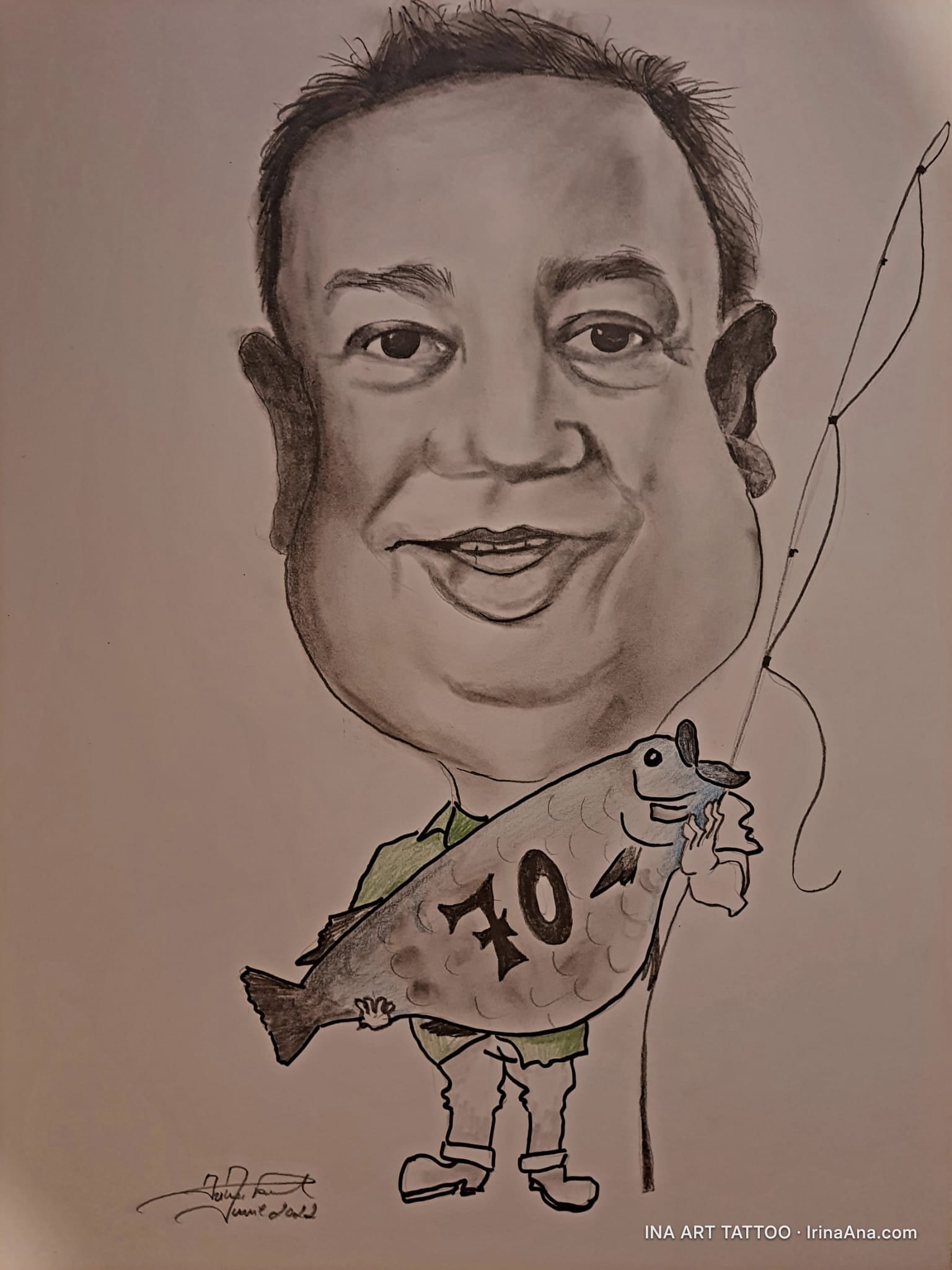Pencil caricature of a smiling man with a large head and small body, holding a big fish with the number 70.