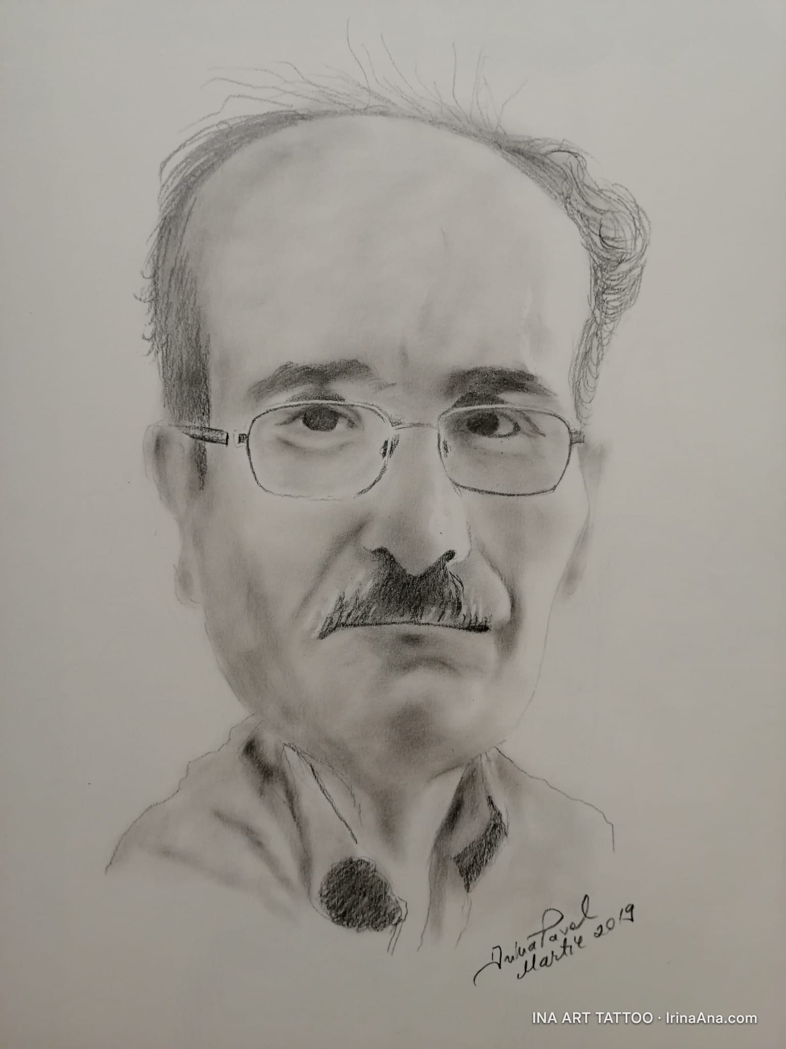 Pencil caricature portrait of a balding man with glasses and a mustache, looking forward.