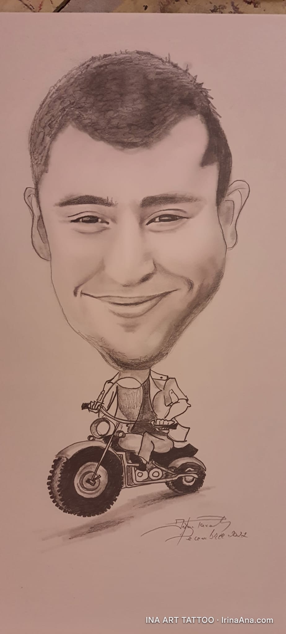 Pencil caricature of a man with a large head and small body riding a motorcycle, on a white background.