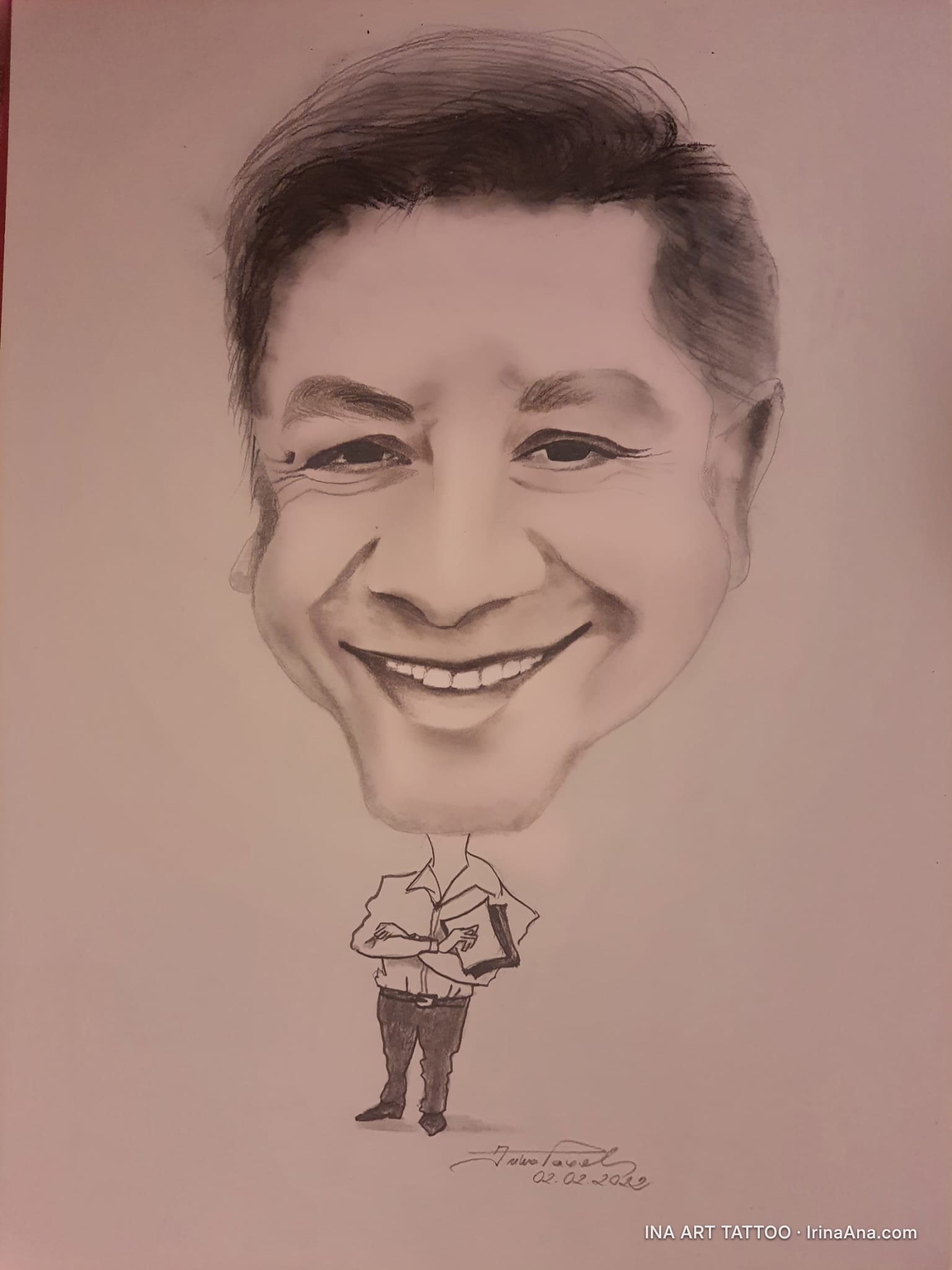 Pencil caricature of a smiling man with a large head and small body, on a light background.