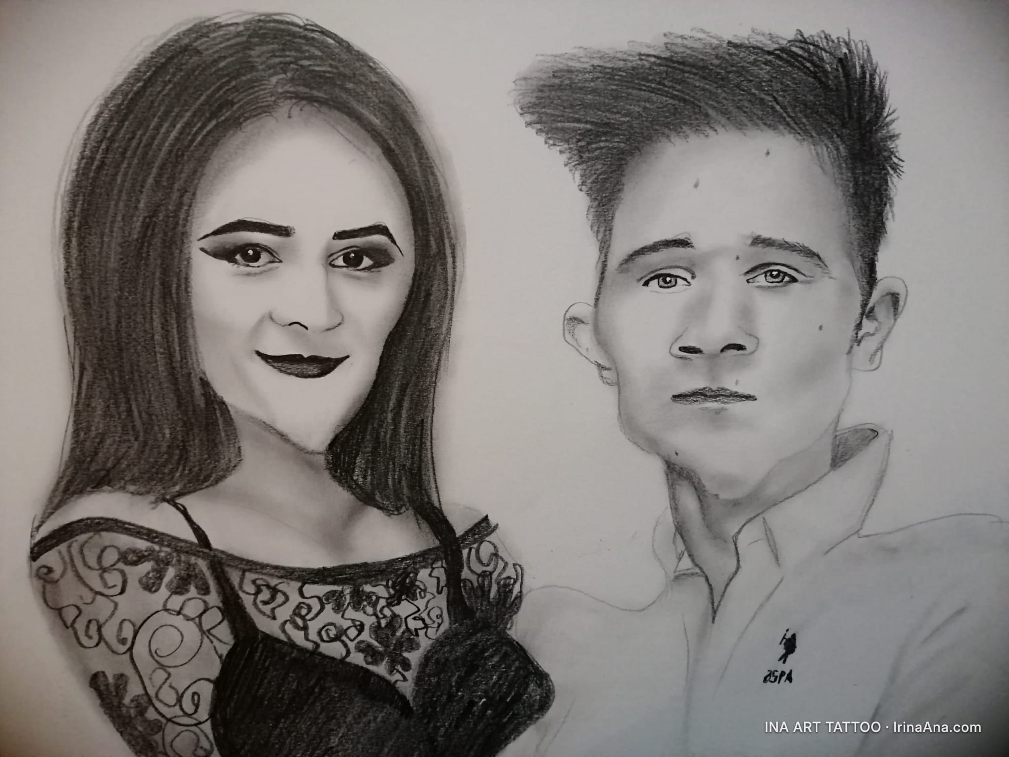 Pencil caricature of a young couple: a smiling woman with long hair and a black dress, next to a man with short hair and a p…