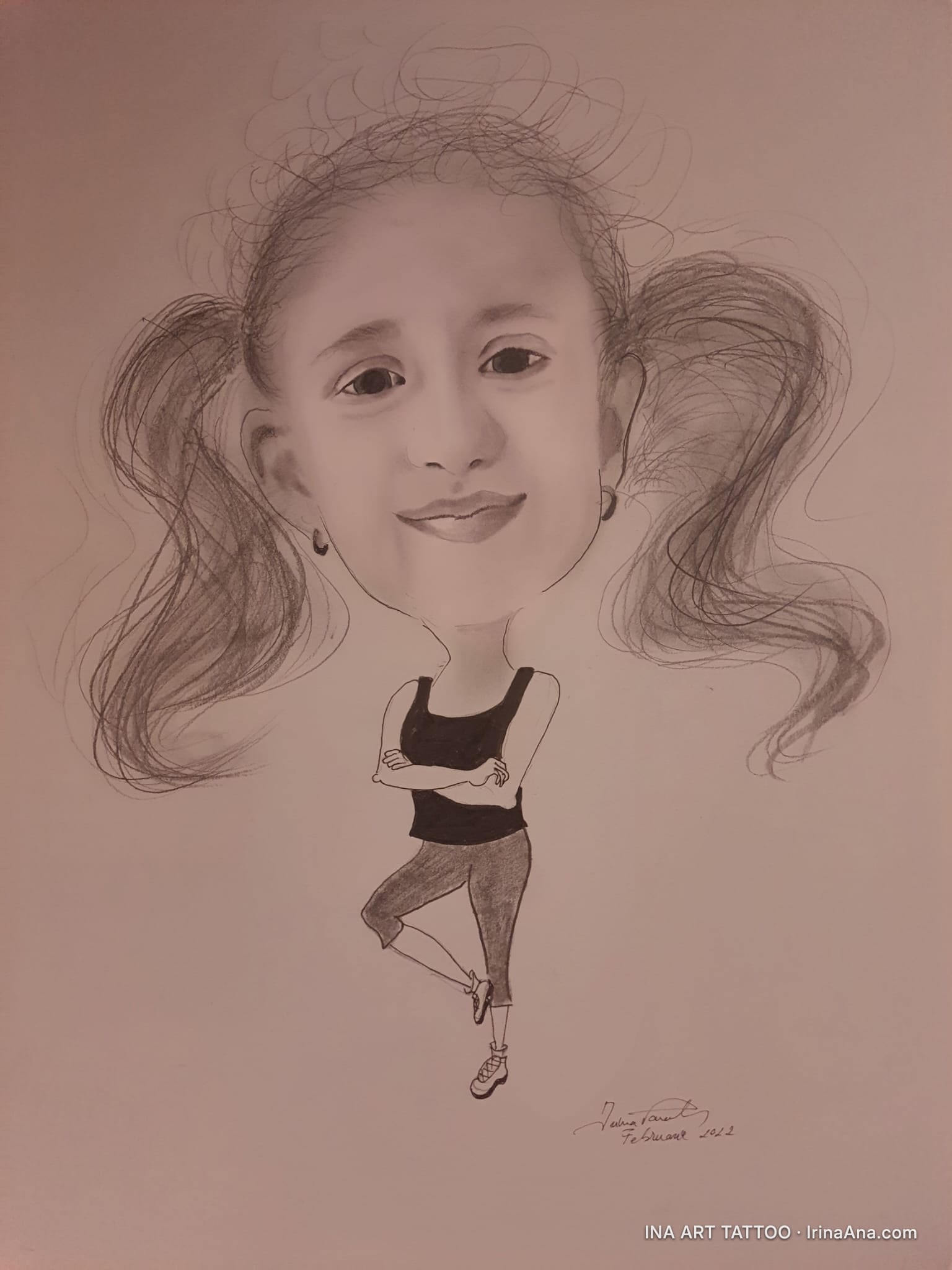 Pencil caricature of a big-headed girl smiling, with pigtails and earrings, wearing a black tank top and capri pants.