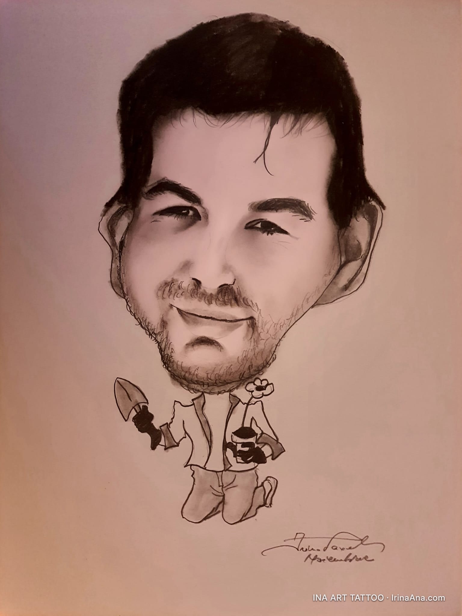 Pencil caricature of a smiling man with a large head and small body, kneeling, holding a trowel and a flower.