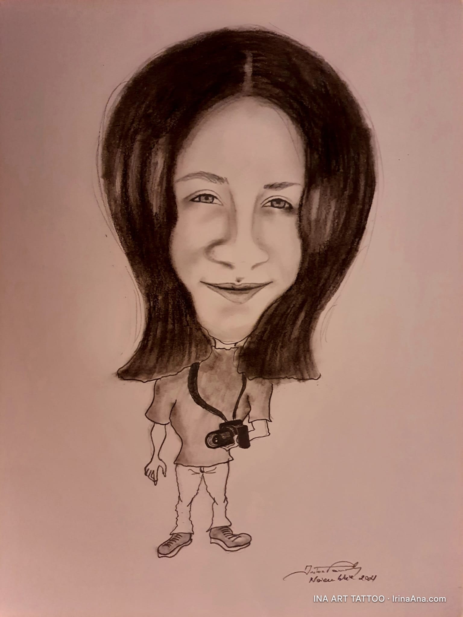 Pencil caricature of a long-haired woman smiling, wearing a camera around her neck. She has a lip piercing.