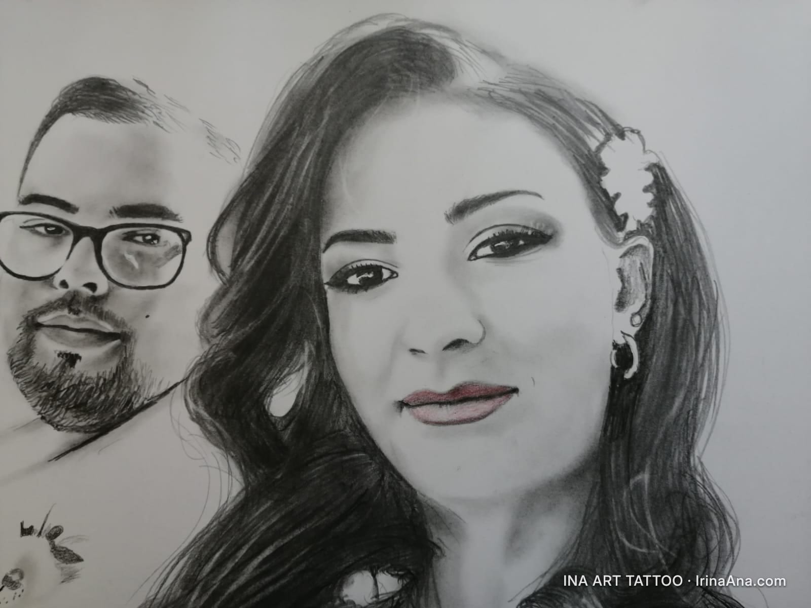 Portret creion al unui bărbat cu barbă și ochelari și al unei femei cu păr lung, cercei și o agrafă în păr.