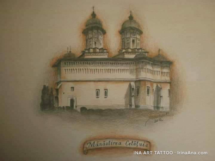 Desen în creion al Mănăstirii Cetățuia, o clădire istorică cu două cupole și ziduri albe, pe un fundal estompat.
