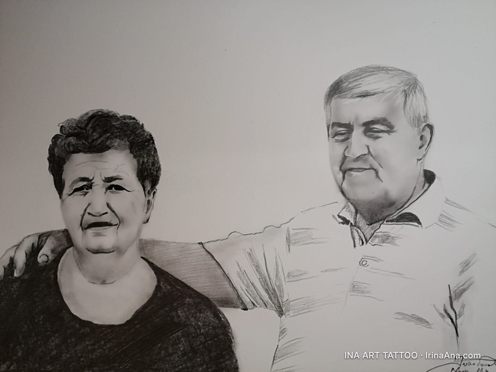 Portret în creion al unui cuplu în vârstă. Femeia are părul scurt și creț, bărbatul o îmbrățișează pe umăr.