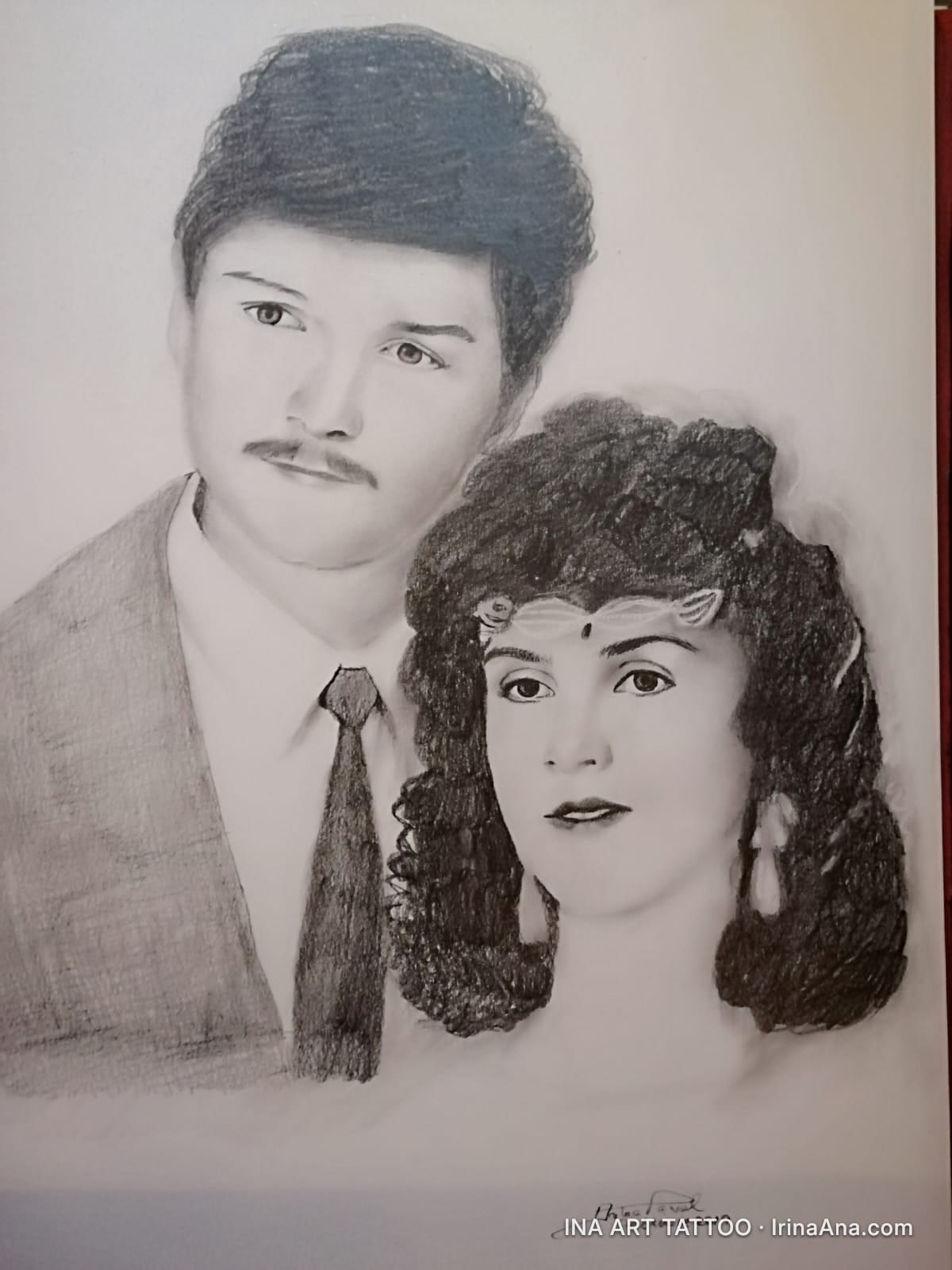 Portret în creion al unui cuplu tânăr: un bărbat cu mustață și o femeie cu păr creț și cercei, privesc înainte.